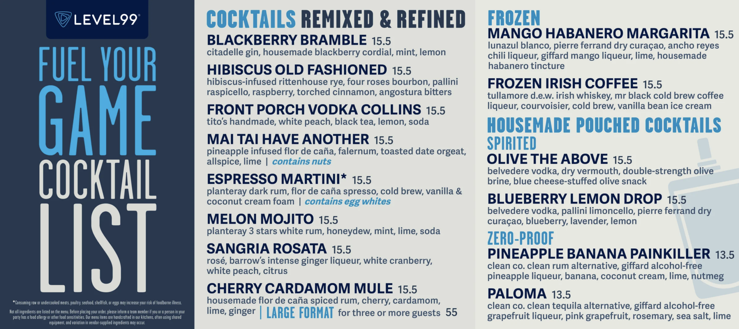 Level99 at Disney Springs menu