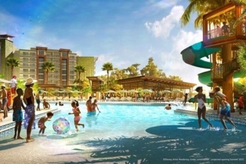 concept art of Lakeshore Lodge pool with slide and possible restaurant in background