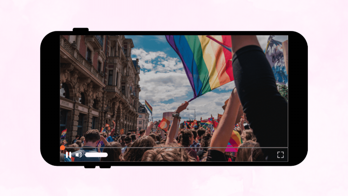 Graphic of cell phone with a Pride Parade photo displayed on the screen.