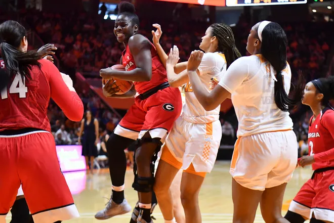 Georgia forward Stephanie Paul (3) gets the rebound before Tennessee guard/forward Rae Burrell (12) center Kasiyahna Kushkituah (11) during the NCAA women's basketball game on Sunday, January 12, 2020.