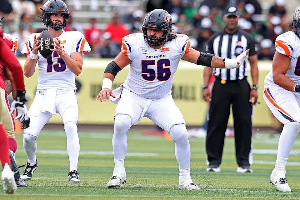 BIRMINGHAM, ALABAMA - APRIL 18: Cole Schneider #56 of the Orlando Storm provides pass protection during the second quarter at Protective Stadium on April 18, 2026 in Birmingham, Alabama. (Photo by Jason Clark/UFL/Getty Images)