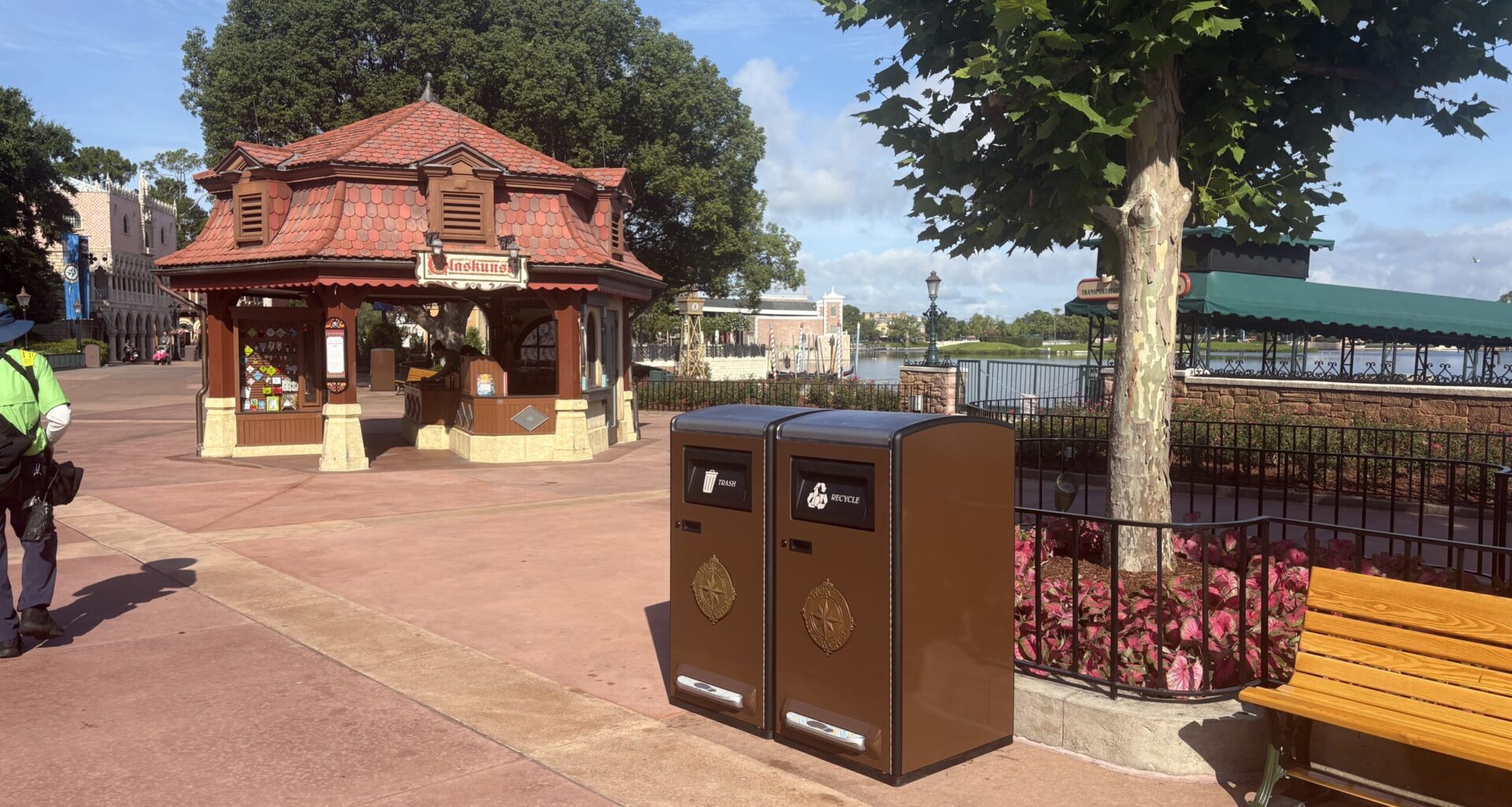Disney continues to install new solar-powered trash cans with foot pedals throughout World Showcase in EPCOT.