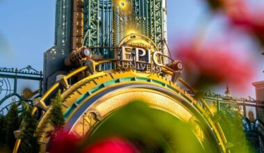 Flowers in front of the Epic Universe's entrance at Universal Orlando Resort.