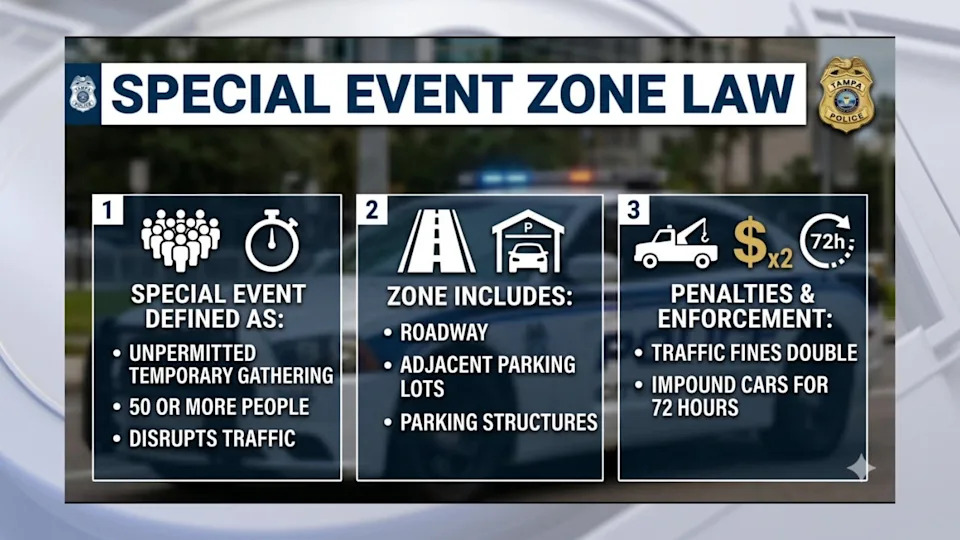 <div>A Tampa Police Department graphic details the strict penalties of the Special Event Zone Law, which aims to curb unpermitted street takeovers and large disruptive gatherings by doubling traffic fines and impounding vehicles for 72 hours.</div>