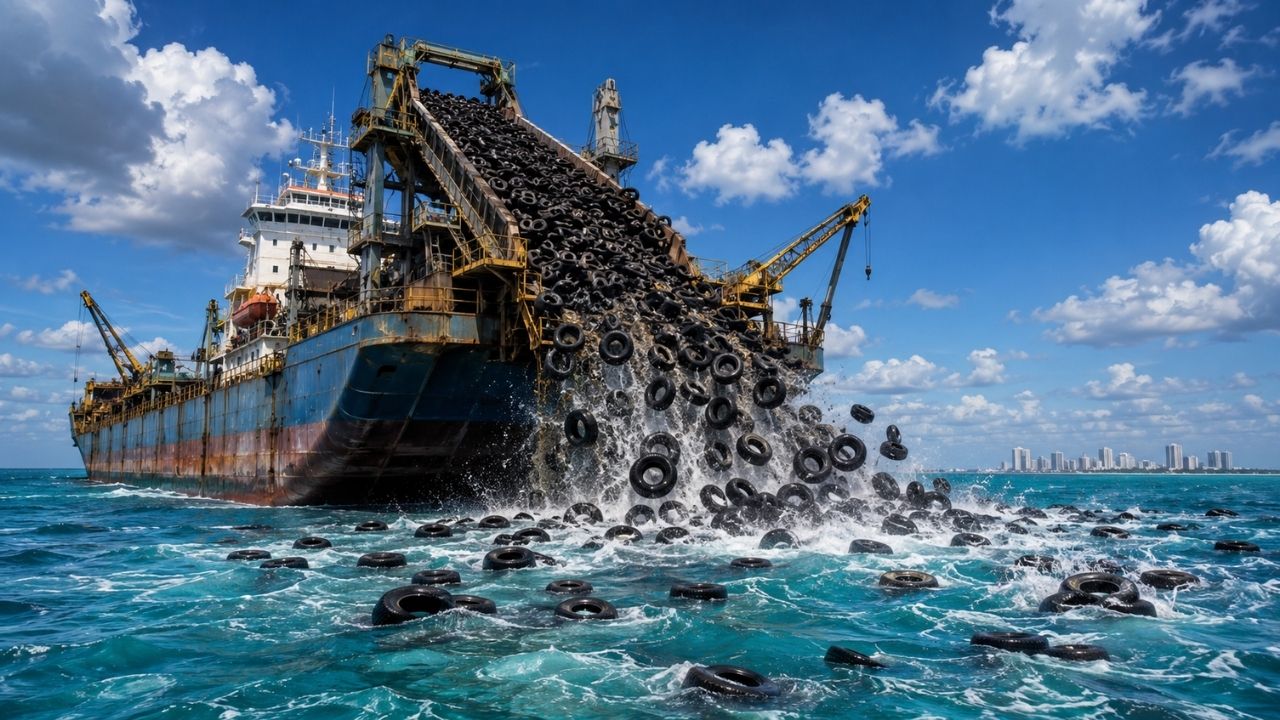 Florida dumped 2 million tires into the ocean near Fort Lauderdale to create an artificial reef, but hurricanes scattered the rubber across the seabed, and cleanup efforts initiated decades later are still trying to correct the environmental disaster without a guarantee of full coral recovery.