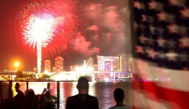 photo of silhouetted people watching a fireworks show over the water next to the Miami skyline. An American flag waves in the foreground to the right
