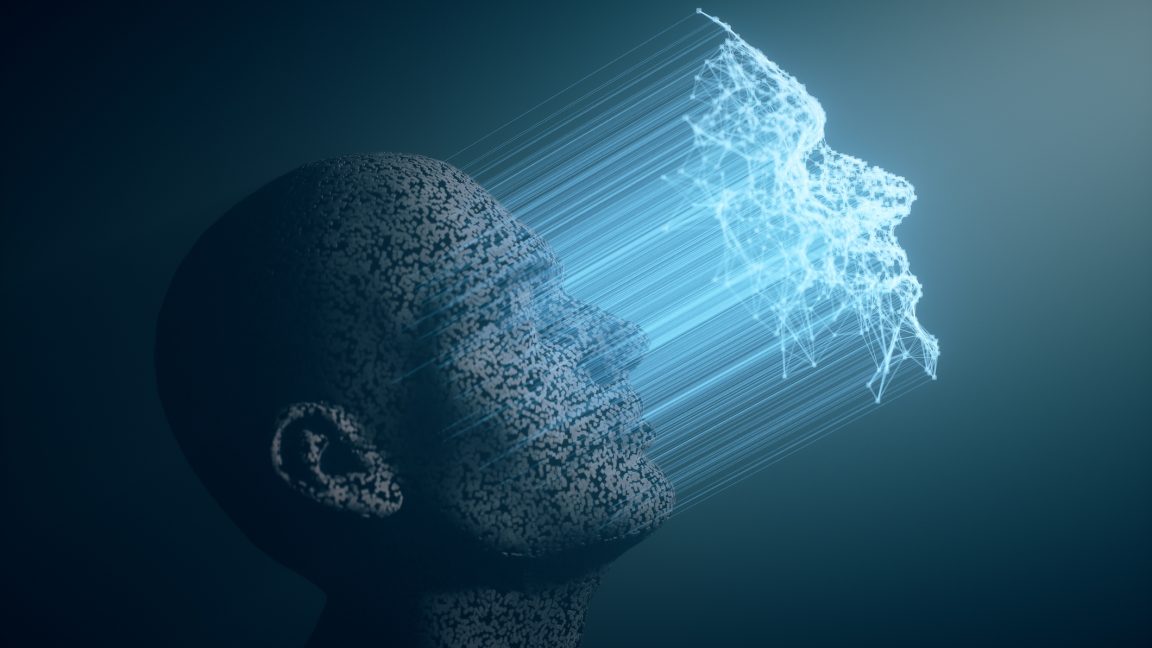 Illustration of a man's face being scanned with advanced technology.