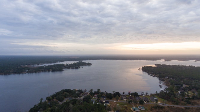 Aerial view of Blackwater River in Milton, Florida at sunrise