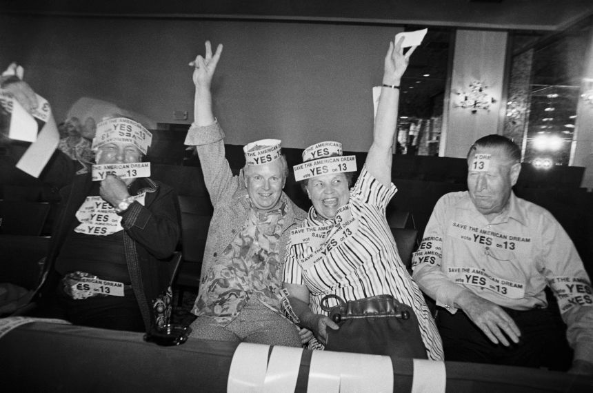 Supporters of California's Proposition 13 in Los Angeles in 1978. The ballot initiative sparked a national tax revolt.