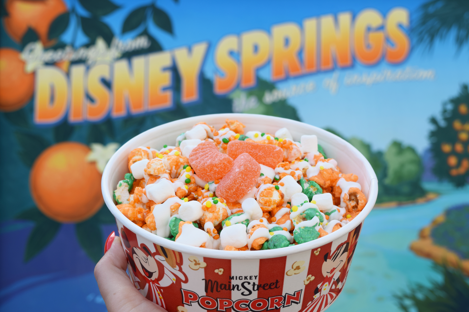 Similar to the create your own popcorn option at Main Street Confectionery at Magic Kingdom, you can add all kinds of toppings to regular and flavored popcorn at Goofy's Candy Company. But this summer's exclusive popcorn flavor is orange citrus, as seen above.