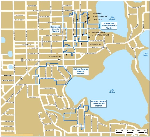 Winter Park has four designated historic districts: College Quarter just west of Rollins College; East Virginia Heights along the southeastern shores of Lake Virginia; Downtown along Park Avenue; and Interlachen on the western edge of Lake Osceola. (Image courtesy of the City of Winter Park)