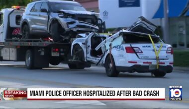 Miami police officer injured after vehicle was being T-boned by SUV, cops say