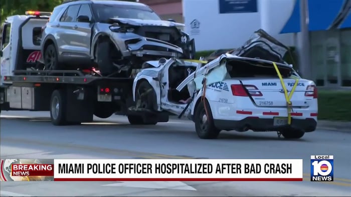 Miami police officer injured after vehicle was being T-boned by SUV, cops say