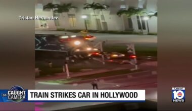 Video shows freight train collide with car on tracks in Hollywood