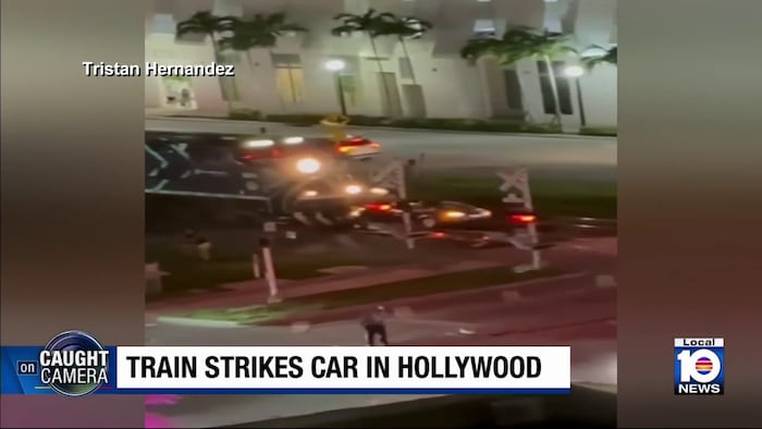 Video shows freight train collide with car on tracks in Hollywood