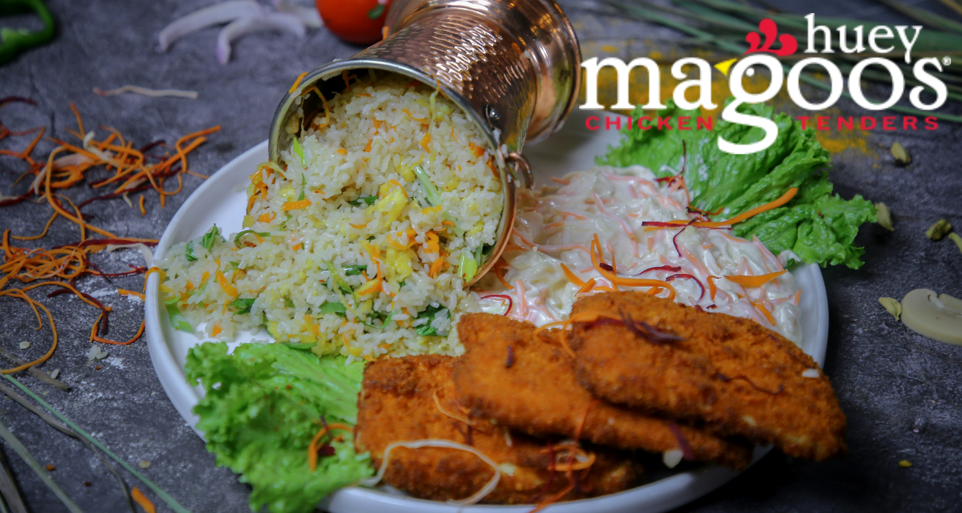 crispy chicken tenders with vegetable fried rice