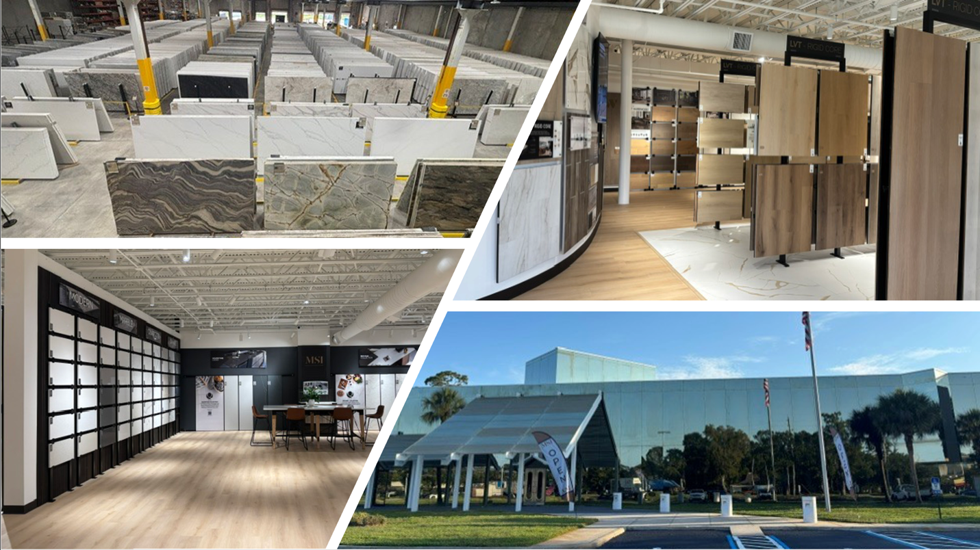 Collage showing the MSI Jacksonville showroom and vast inventory.