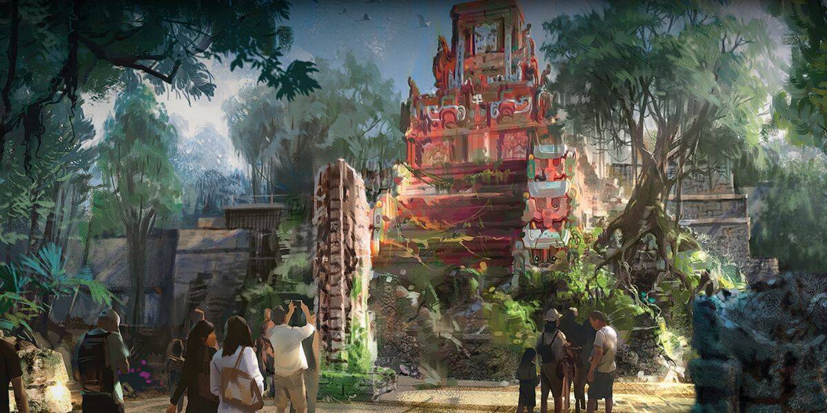 Concept art for Indiana Jones ride in Disney World's Tropical Americas area in Animal Kingdom