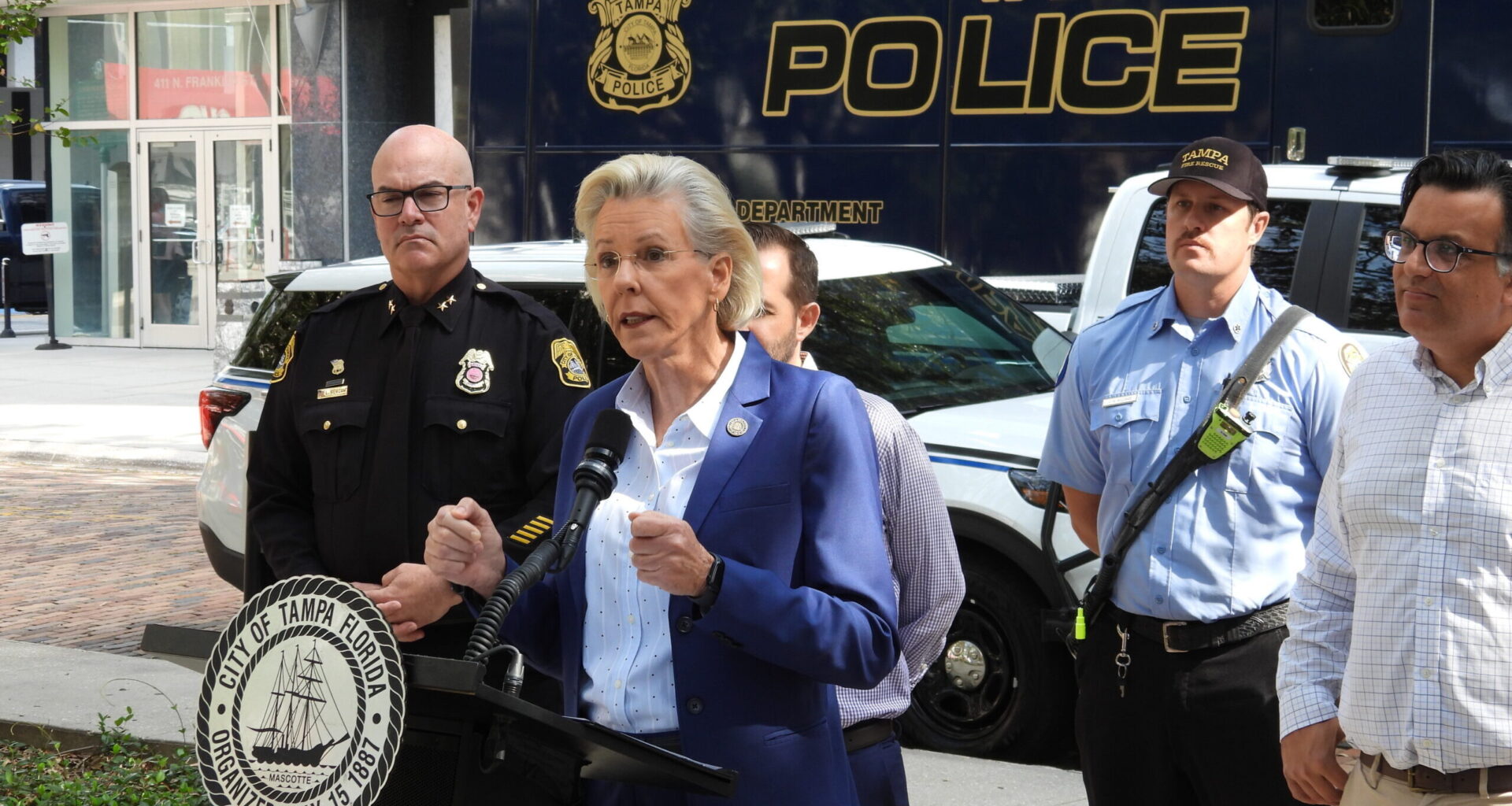 Tampa Mayor Jane Castor outside Tampa Police Headquarters // Chris Young, WMNF News, 10/28/24