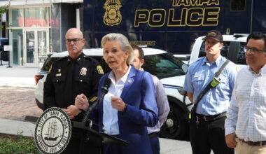 Tampa Mayor Jane Castor outside Tampa Police Headquarters // Chris Young, WMNF News, 10/28/24