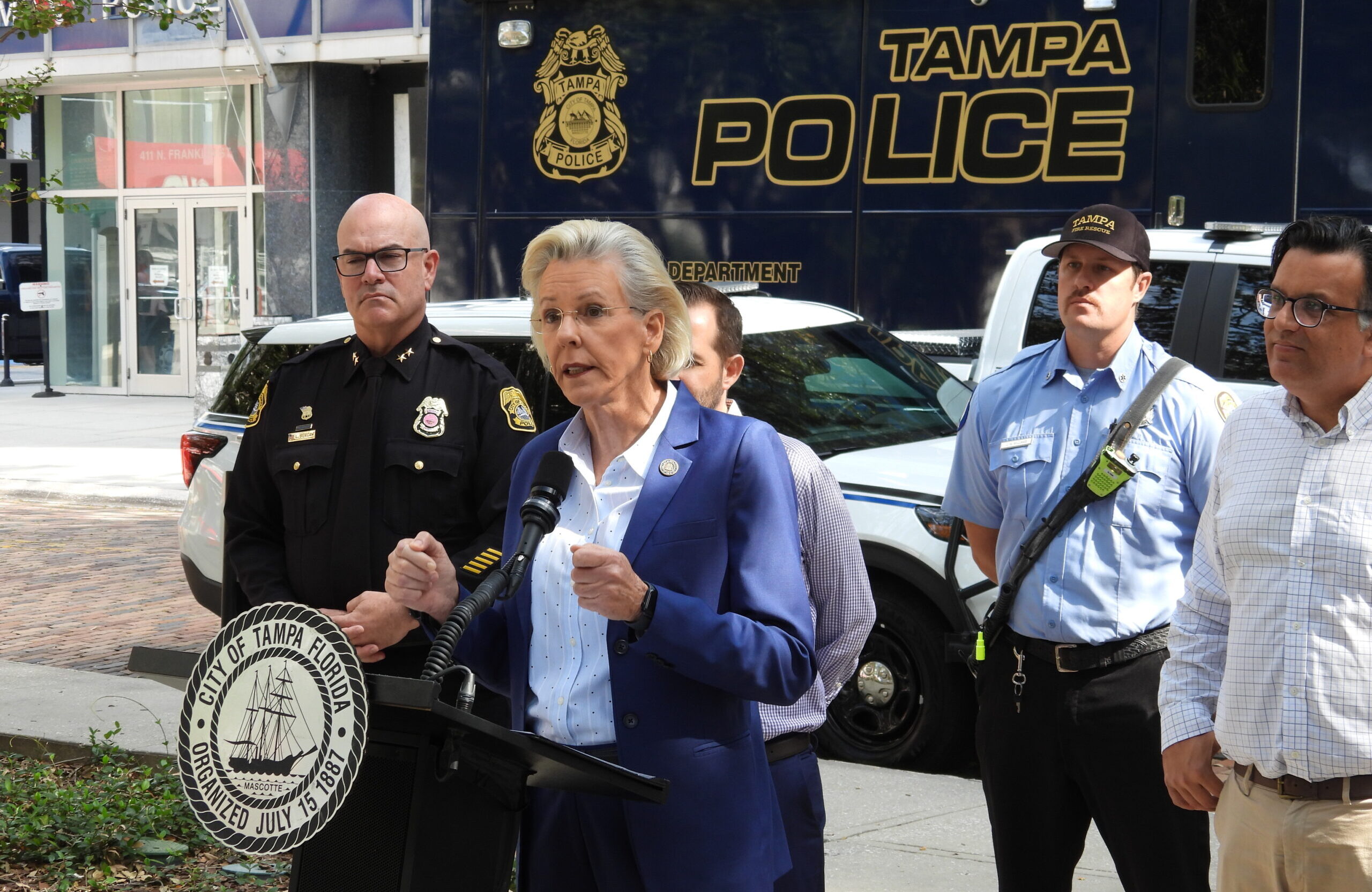 Tampa Mayor Jane Castor outside Tampa Police Headquarters // Chris Young, WMNF News, 10/28/24