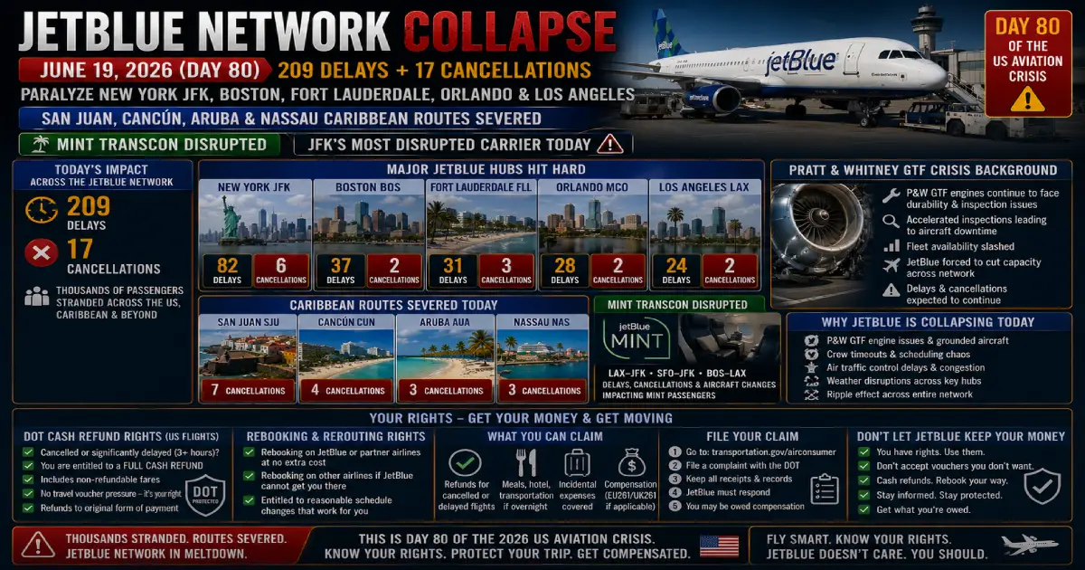 JetBlue Collapse June 19: 226 Disruptions, Caribbean Cut