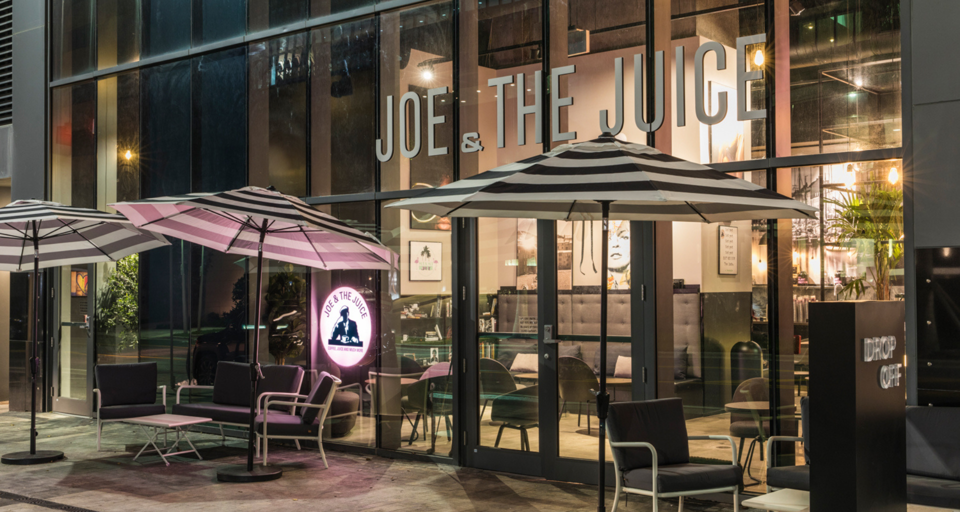 joe & the juice storefront at night