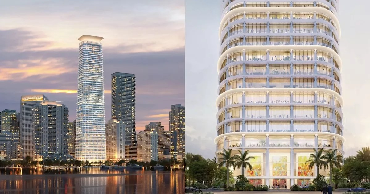 renderings of a 54-story Miami skyscraper among other glittering buildings on Biscayne Bay