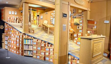 This is a photo of the wonky-slanted installation The Last Library IV. (Spectrum News/Virginia Johnson)