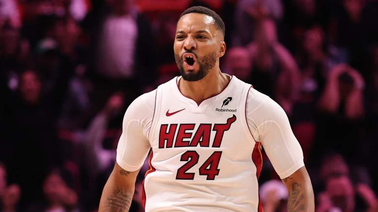 Miami Heat guard Norman Powell reacts during an NBA game.