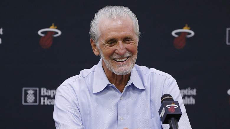 Miami Heat president Pat Riley smiles during press conference as the team evaluates veteran free-agent options during the 2026 offseason.