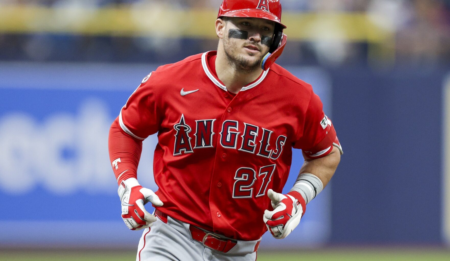 May 30, 2026; St. Petersburg, Florida, USA; Los Angeles Angels center fielder Mike Trout (27) runs the bases after hitting a home run against the Tampa Bay Rays in the fifth inning at Tropicana Field.