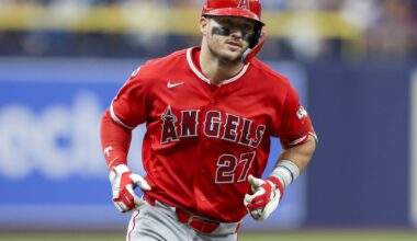 May 30, 2026; St. Petersburg, Florida, USA; Los Angeles Angels center fielder Mike Trout (27) runs the bases after hitting a home run against the Tampa Bay Rays in the fifth inning at Tropicana Field.