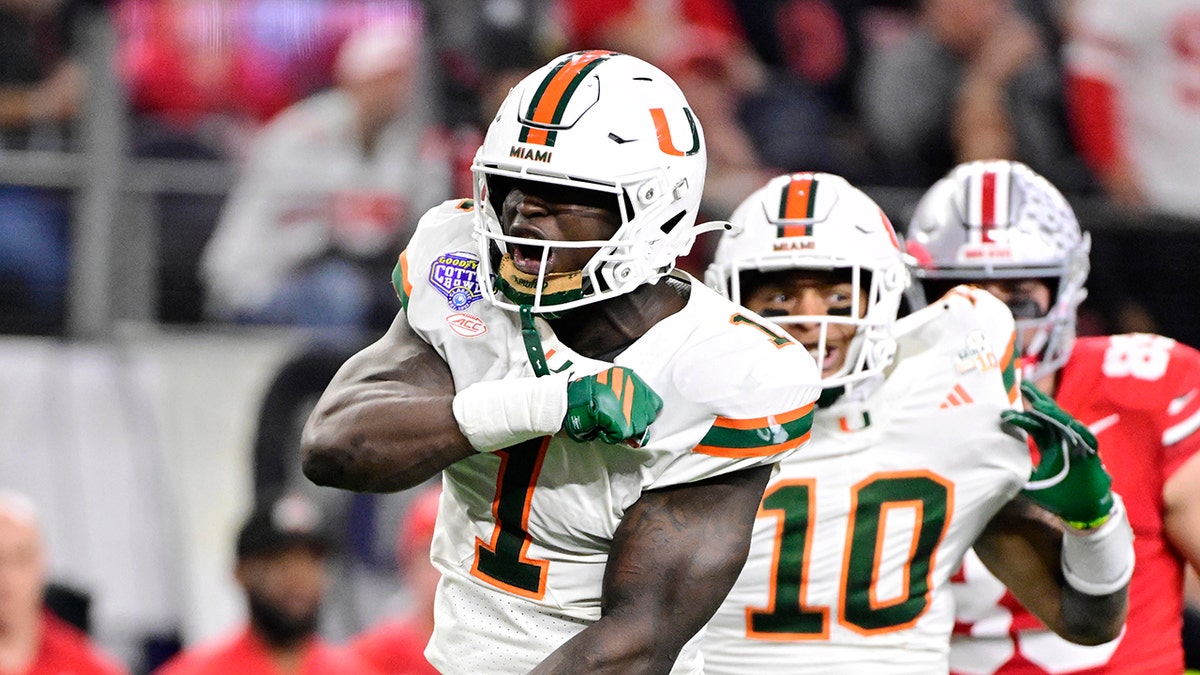Mohamed Toure of the Miami Hurricanes reacting during a football game against Ohio State Buckeyes