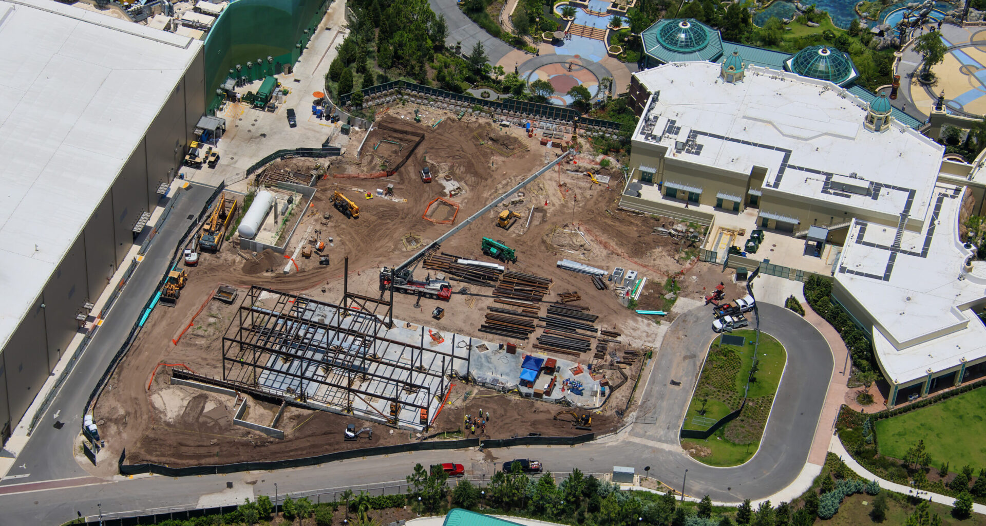 Aerial Photos Show Progress on Events Center and Future Expansion Pad at Epic Universe