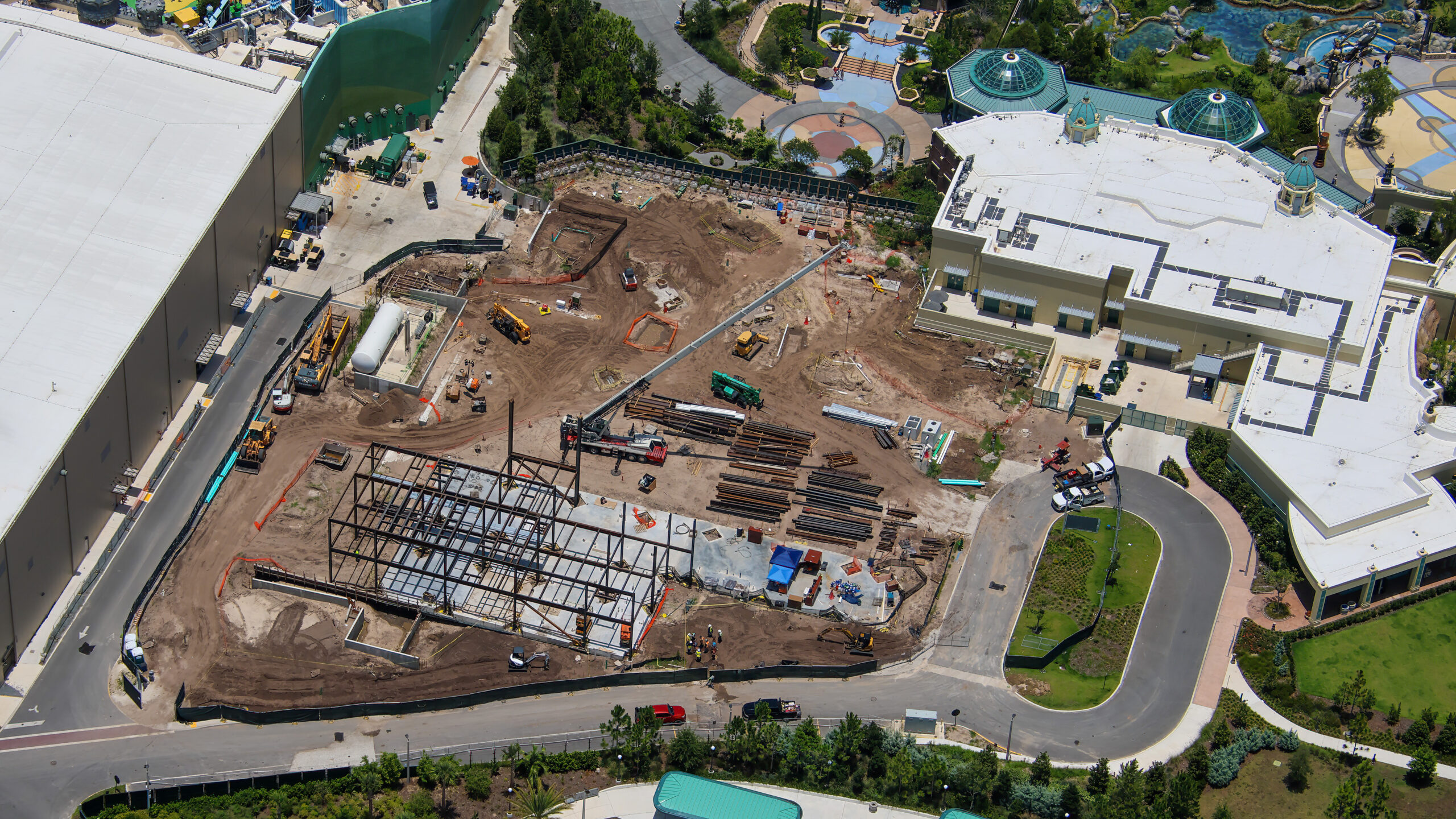 Aerial Photos Show Progress on Events Center and Future Expansion Pad at Epic Universe