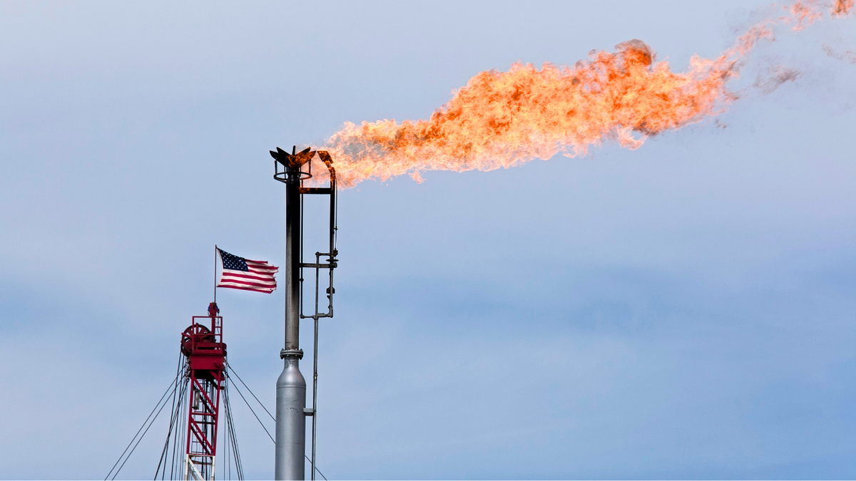 Natural gas is burned during oil production in North Dakota's Bakken Shale in Epping, North Dakota.
