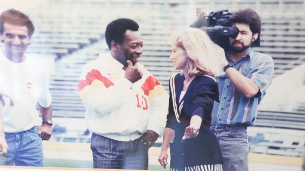 Joanie Schirm, the chair of Orlando's 1994 World Cup effort, meets with Brazilian soccer legend Pele leading up to the matches at the Citrus Bowl in 1994. (Orlando Sentinel file)