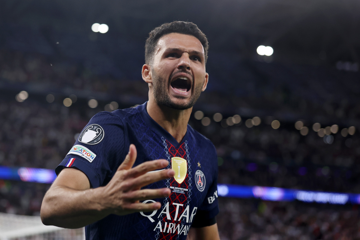 BUDAPEST, HUNGARY - MAY 30: Goncalo Ramos of Paris Saint-Germain celebrates scoring the team