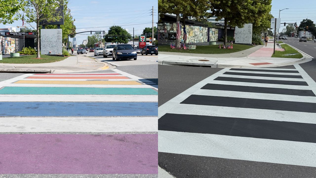The Florida Department of Transportation repainted a rainbow-colored crosswalk in Orlando overnight, which honored the 49 victims of the Pulse nightclub attack. (Courtesy: Orlando Mayor Buddy Dyer)