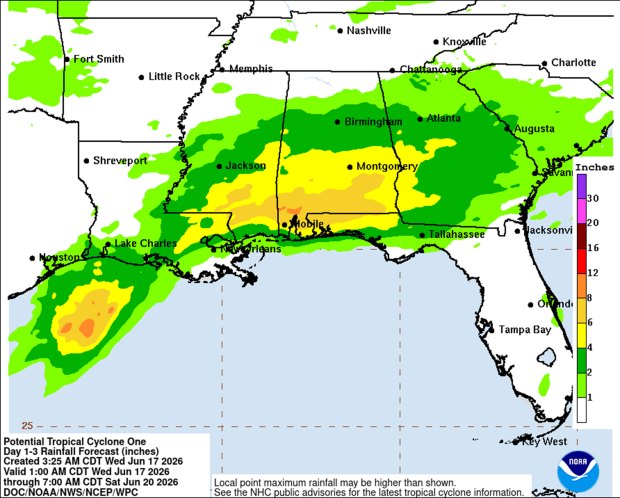 The potential forecast rainfall for the system as of 5 a.m. Wednesday, June 17, 2026. (NHC)