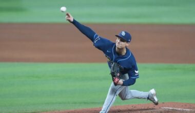 Tampa Bay Rays pitcher Griffin Jax aims a pitch during the fifth inning of a baseball game against the Miami Marlins Sunday, June 7, 2026, in Miami. (AP Photo/Marta Lavandier)