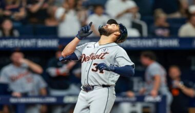 Detroit Tigers' Riley Greene celebrates his home run against the Tampa Bay Rays during the seventh inning of a baseball game Tuesday, June 2, 2026, in St. Petersburg, Fla. (AP Photo/Mike Carlson)