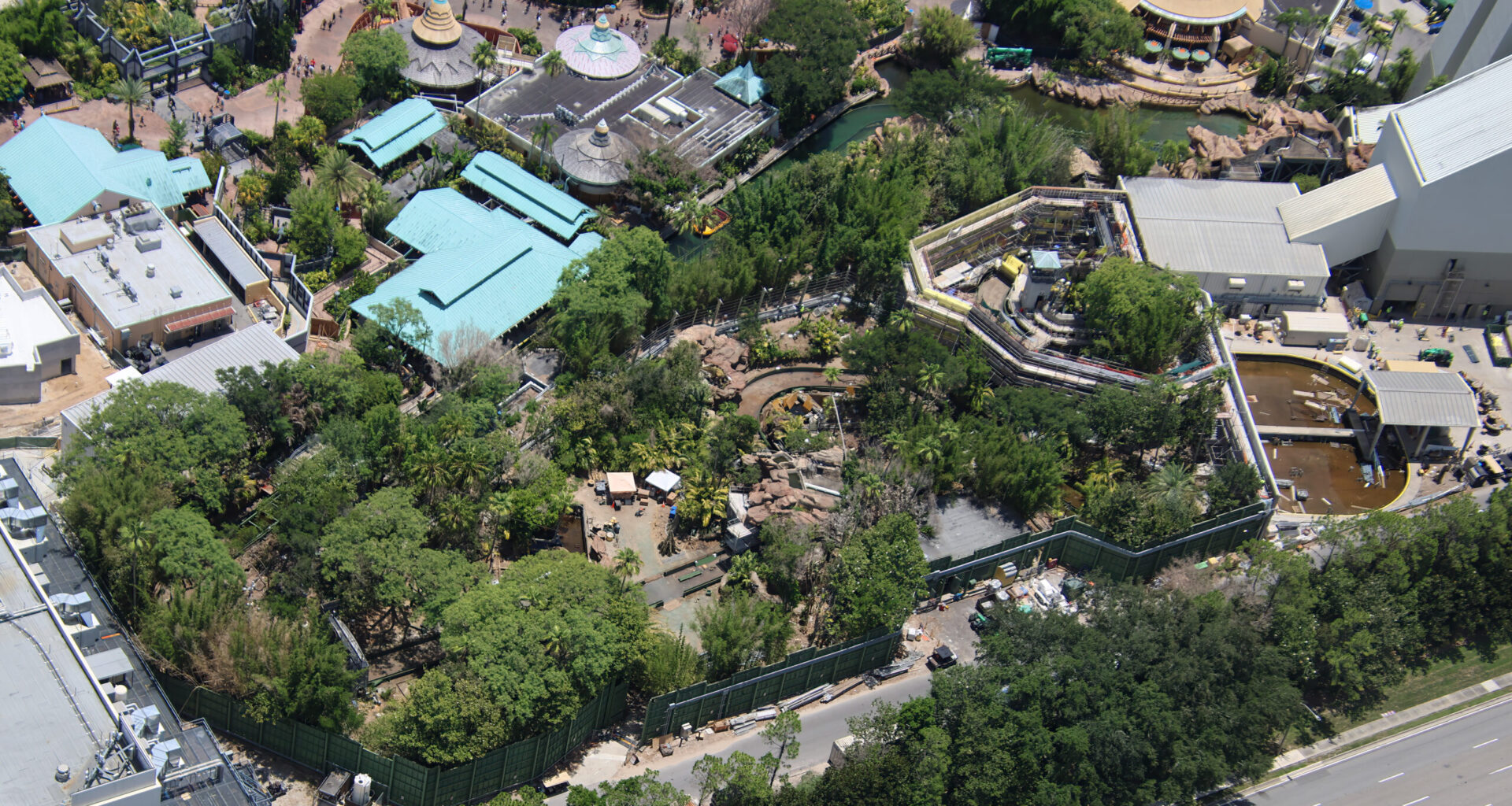 An overview of River Adventure shows ongoing work throughout the attraction.