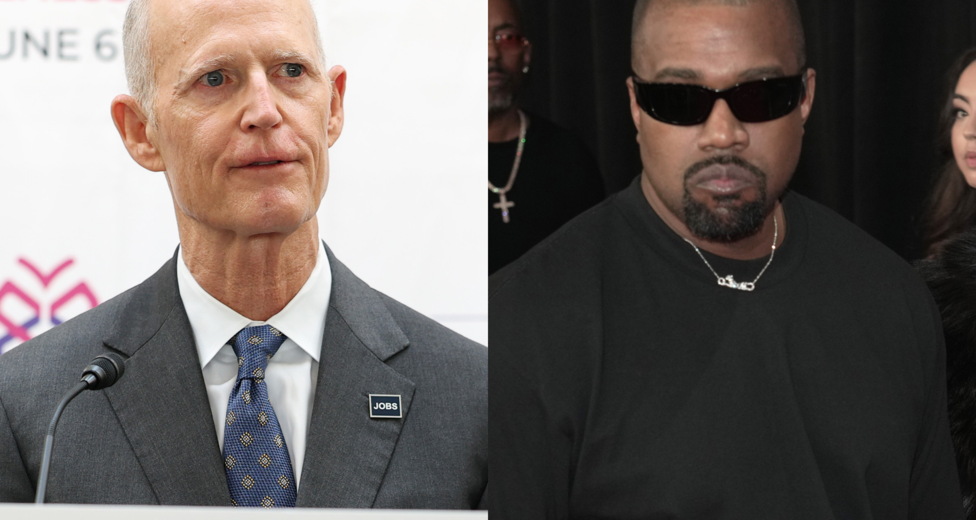 Rick Scott speaking at a podium; Kanye West wearing sunglasses and a black shirt.