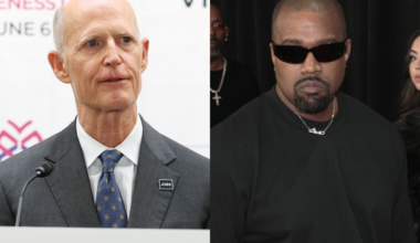 Rick Scott speaking at a podium; Kanye West wearing sunglasses and a black shirt.