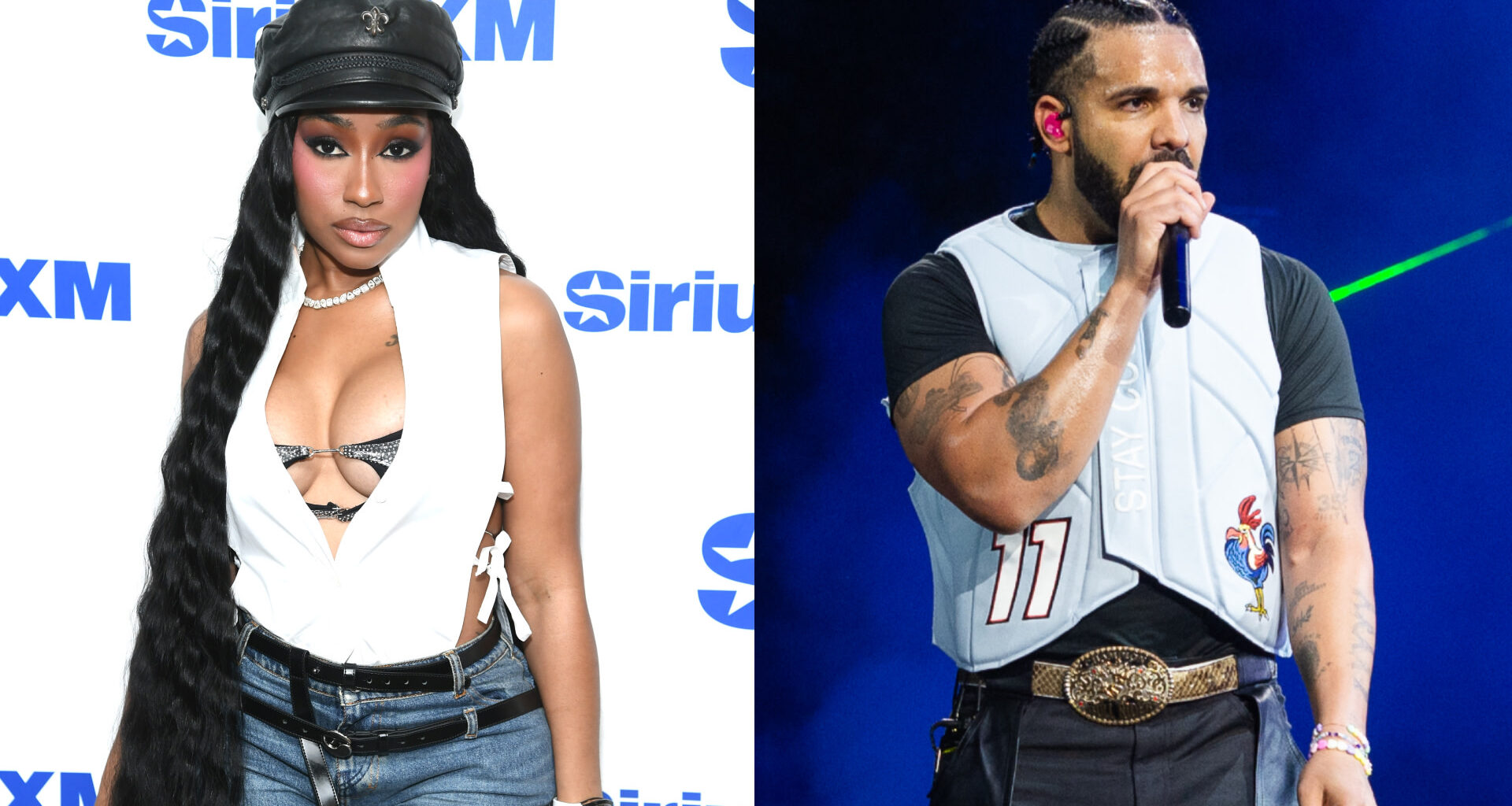 Yung Miami in a stylish outfit at a SiriusXM event, next to Drake performing on stage with a microphone.