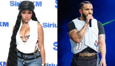 Yung Miami in a stylish outfit at a SiriusXM event, next to Drake performing on stage with a microphone.