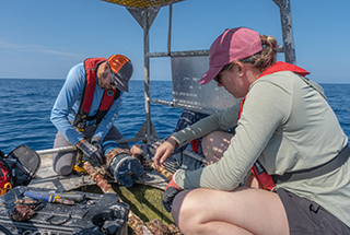 Mitch Lemon and Samantha D’Angelo service sensors on a buoy.