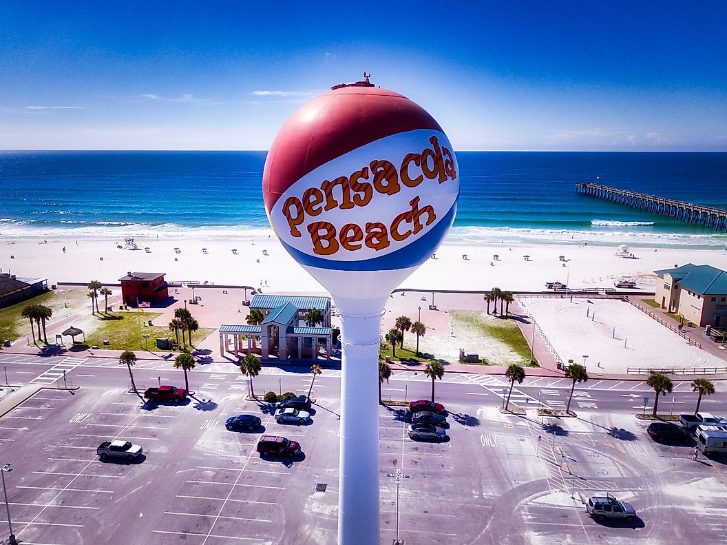 The Pensacola Beach Ball water tower near the sands of Pensacola Beach, Florida.